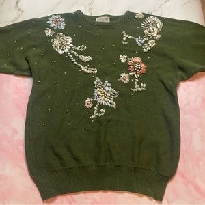 Vintage floral embroidered green sweater